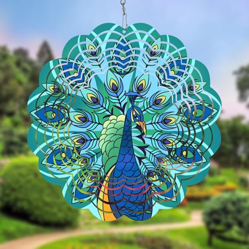ALEENFOON Metall Windspiel 3D Hängende Wind Spinner, Magische Windmühlen für Outdoor & Indoor Dekorationen, Wind Spinner für Weihnachten Ornament Geschenke für Frauen Mama Oma Frau (Pfau)