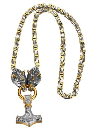 OIDEA Herren Wolfskopf Halskette Königskette: Gold Schwer Punk Wikinger Thors Hammer Anhänger mit 70 cm Kette Wolf Kopf Viking Schmuck Geschenk für Männer Freund Jungen