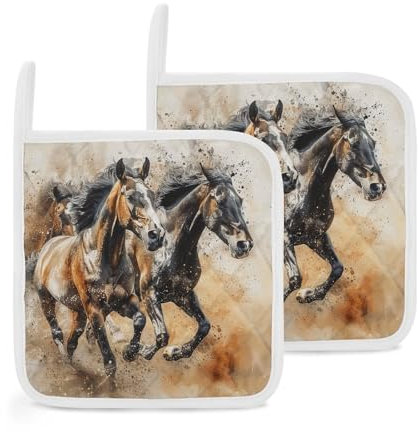 Topflappen 2er Set Küche Hitzebeständig Topflappen zum Kochen Viele Pferde Laufen Topflappen Ofen Heiße Pads Waschbar Topflappen zum Backen Rutschfest Ofen Topflappen Set Quadratischer Untersetzer für