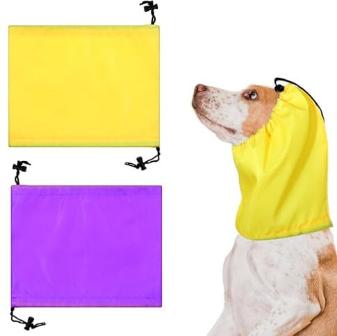 2 Pcs Dog Ear Covers for Bath - Waterproof Shower Cap, Protection Bathing Cap, Headband Snood Rain Hat for Swimming, Show (Yellow+Purple)
