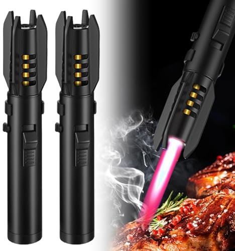 Jetflamme Feuerzeug Gas Nachfüllbar Sturmfeuerzeug: WIYETY 2 Stück Abschließbar Einstellbare Flamme Sturmfeuerzeug, Winddichtes Feuerzeug Gasfeuerzeug für Kamin, Grill, Feuerwerk (ohne Gas) (Schwarz)