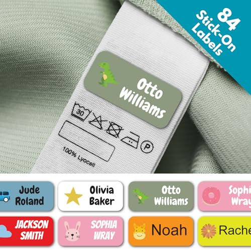 QuoteMyWall 84 Stick On Washable Clothing Labels for School Uniform Clothes | No Iron Personalised Name Sticker Tags Kids, Care Home Customised Peel & Stick Children's Stationery (Red)