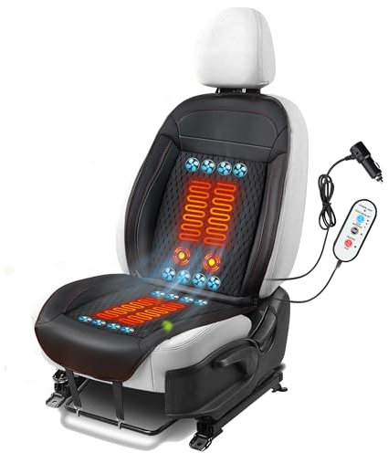 LifeUp 12 V warmkühlender Autositzbezug mit Massage, Auto-Sommer-Vordersitzkühler für Fahrzeug, kühlendes Autositzkissen, belüfteter Sitzbezug, 16 Ventilatoren, 1 Stück (3-in-1, Schwarz-1)