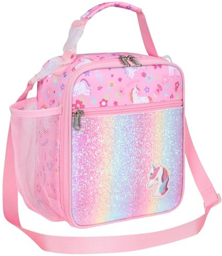 Bagseri Lunch Bag for Girls - Kids Lunch Box for Girls Reusable Leak-Proof and Insulated Kids Lunch Bag Toddler Lunch Box for Daycare and School, Pink Glitter Unicorn