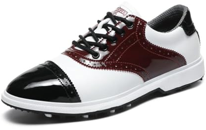 Mens Golf Shoes Waterproof Spiked Golf Casual Sneakers Non Slip Outdoor Spiked Foldable Trainers Comfortable Breathable Trainers for Golf Training (Burgundy,10.5)