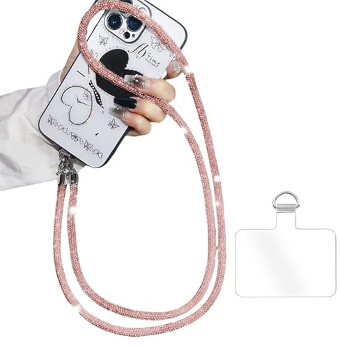 FloralGrace Umhängekette mit Glitzer Strass, Telefon Lanyard, langes Hängeband, Handy Seil, Anti Drop Handykette, Handy Kette, Kurz Handyanhänger(Pink 68CM)