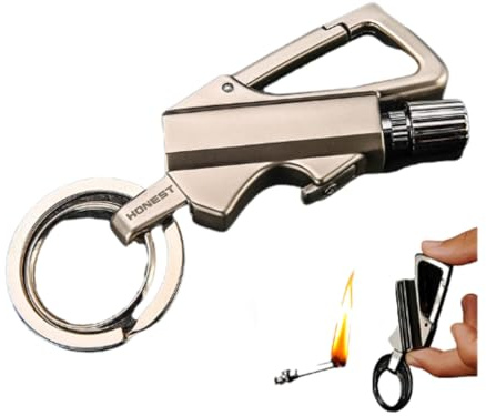 This keyring is used to light fire - there is a variant as a bottle opener. Can be used daily as a key fob, when camping in an emergency, to make a fire. Butane gas free.