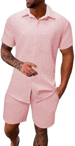 Ensemble de survêtement 2 pièces à manches courtes pour homme avec col rabattu et short - Vêtements de sport - Tenue de sport pour la gym, la course à pied, rose, M