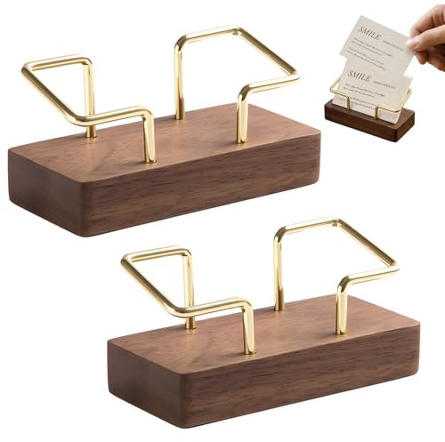 2 Stück Visitenkartenhalter Holz Dunkel, Klassischer Visitenkartenständer aus Walnussholz und Messing, Personalisierter Visitenkarten Aufbewahrung Holz, für Ausstellung Messestand Zuhause Büro