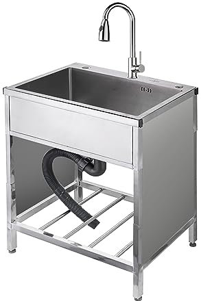 Fregadero de Cocina Independiente, Fregadero de lavandería, Fregadero de Acero Inoxidable de una Sola cubeta con Grifo de Agua fría y Caliente y Unidad de escurridor para Garaje, r