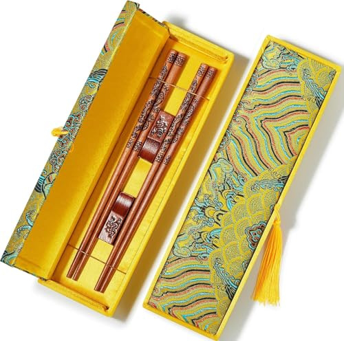 Wooden Reusable Chopsticks Gift Set – Classic 23.5 cm Dragon Chop Sticks with Rest and Carrying Bag for Beginners, Gift Ideal for Chinese, Japanese, Weddings, Sushi, Asian Dining (2 Pairs)