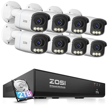 ZOSI 4K Ultra HD PoE CCTV Camera System, 8 Port 16CH 4K NVR and 8pcs 8MP Aurora Lux C186A Outdoor PoE Cameras, with True Clarity Color Night Vision, Human Vehicle Detection, Light&Siren, 2-Way Audio
