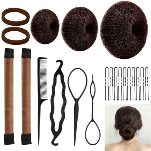 Set de 21 Accessoires pour Chignon – Forme-donut, Accessoires Capillaires pour Femmes & Filles, Outils DIY Chignon & Ballet (Marron)