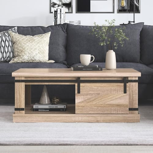 wilko Stamford Rustic Coffee Table with Sliding Door, Oak and Black, 94x50x36.3 cm, 20.88 kg