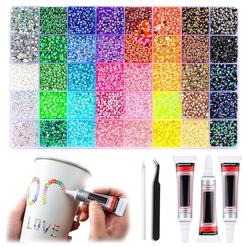 32000Pcs Bedazzling Kit with Water-Based Rhinestone Glue | 40 Colors Bedazzled Kit 3mm Flatback Rainbow Gems for Clothing Shoes Nail Book Diamond Art with Includes Pick Up Tweezers