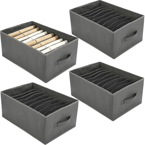 Skdqiee 4 Pack Grey Wardrobe Storage Organisers with 9 Compartments, 17.3 x 11.8 x 7.9 in Clothes Organizer Boxes with PP Board Support, Polyester Fabric & Dual Handles for Dresser Drawer Closet