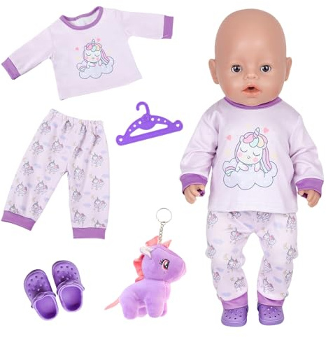 Puppenkleidung für 35–43 cm / 14–17 Zoll Puppen, Lila Puppenkleidung Outfits mit Langarmshirt, Pony Hose, Schuhen, Kleiderbügel & Anhänger, Babypuppen Kleidung 43cm, Geschenk für Kinder