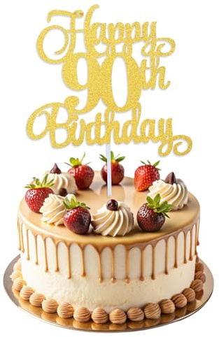 ZEYIYER 90th Cake Toppers, Gold Happy 90th Birthday Cake Decorations, Glitter Ninety Years Old Cakes Pick for Women, Men Birthday Party Supplies (18×16cm)