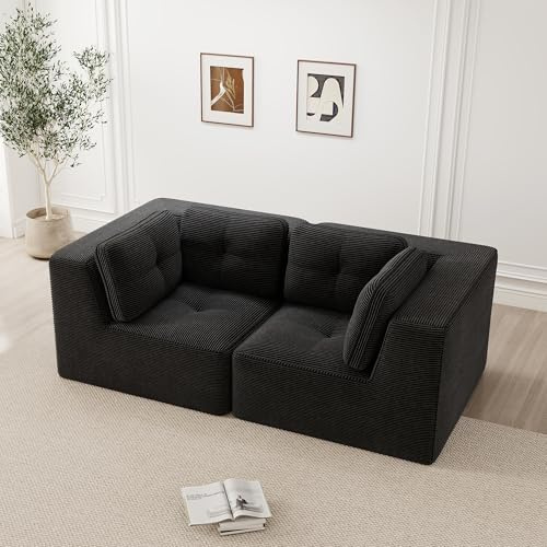 Bladez Modular Corner Sofa, modern Cord Loveseat, Configurable L Shaped, Komfort & Tiefsitz-Unterstützung Ohne Montage 32D Hochelastische Schaum Boneless Sofa,fur Wohnzimmer (Schwarz, 2-Sitzer)