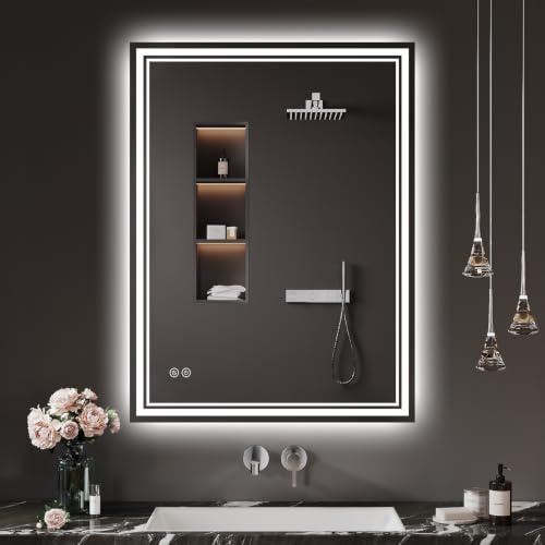 Badspiegel mit Beleuchtung 60x80cm LED Badezimmer Spiegel Beschlagfrei | Bad Spiegel mit Licht, Touch-Schalter, 3 Lichtfarben, Dimmbar, für Badezimmer, Gäste WC, Horizontal/Vertikal
