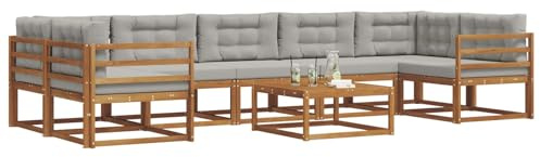 vidaXL Outdoor-Sofagarnitur mit Kissen 8 pcs Natürlich und Hellgrau, Ecksofa-Set aus Akazienholz, modernes Gartenmöbel, Flexibles modulares Sitzen für Terrasse und Hinterhof-Lounge, beige Stil
