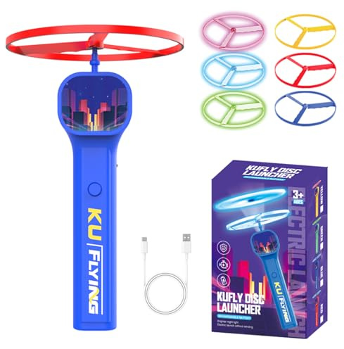 TASBER Rechargeable Flying Disc Launcher, Disc Launching 6 Flying Discs, Interactive Fetch Cat Toy, Kitten Flying Saucers for Pet Training Behavior Development Owner Bonding Time Exercise (Blue)