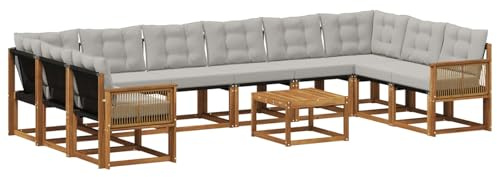 vidaXL Outdoor-Sofagarnitur mit Kissen 11 pcs Natürlich und Hellgrau, Garten-Sofa, modernes Outdoor-Satz, haltbare Terrassenmöbel, perfekte Lounge für Entspannung und Komfort