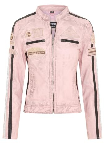 Infinity Leather Giacca da motociclista da donna in pelle rosa chiaro con cerniera e stemmi da corsa retrò.