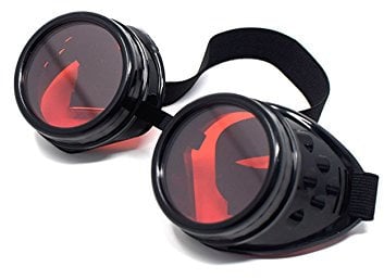 Ultra Black Steampunk Goggles with Red Lenses - Mens Womens Cyber Glasses for Victorian Punk, Welding, Cosplay, Goth, Rustic Rivet Round Eyewear, Flying, Fancy Dress, Pilot Goggles