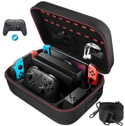 TOENNESEN Custodia per interruttore Nintendo Switch e Switch modello OLED, portatile, protezione completa, borsa da viaggio con 18 carte da gioco per console Switch Pro Controller accessori nero