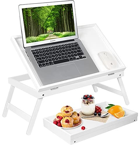 Bed Table Breakfast Tray with Folding Legs Kitchen Serving Plate for Bed Platters TV Table Desk Snack Tray (White)