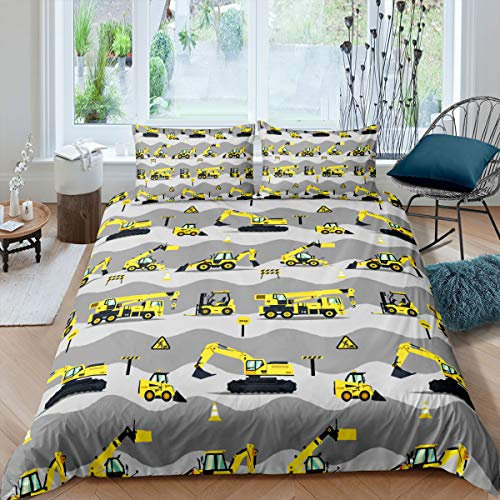 Loussiesd Bagger Traktor Bettbezug Set 200x200 cm Baustelle Bagger Bettwäsche Set Cartoon Auto Betten Set für Kinder Jungen Kleinkinder Fahrzeuge Maschinenraum Dekor Bettwäsche