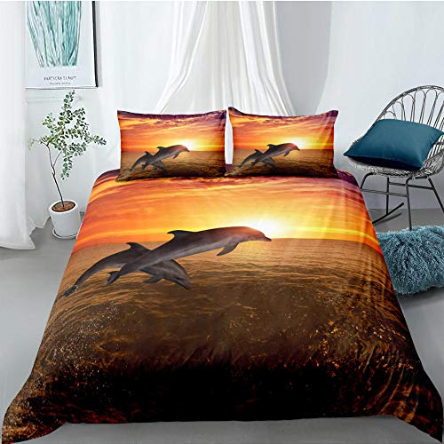 Fadaseo Bettwäsche-Set für Einzelbett, 140 x 200 cm, 3D-Druck, Meerestiere, Delfin, 3-teiliges Bettwäsche-Set, pflegeleicht und superweiches Baumwolldesign, mit 2 Kissenbezügen, hypoallergen