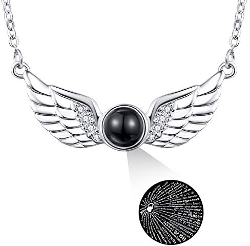 KINGWHYTE I Love You Necklace 100 Language 925 Sterling Silver Love Memories Clavicle Necklace Angle Wing for Women Girls Valentines gifts for her - 18 + 2 Silver Chain