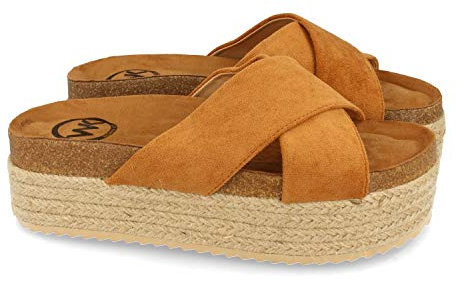 Sandalia de Plataforma para Mujer, Forrado de Yute, con Planta Anatomica, y Palas Cruzadas, Primavera Verano 2021. Talla 41 Camel