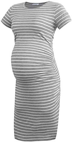 Smallshow Robe de Maternité à Manches Courtes pour Femmes Vêtements de Grossesse Froncés,Light Grey Stripe,L
