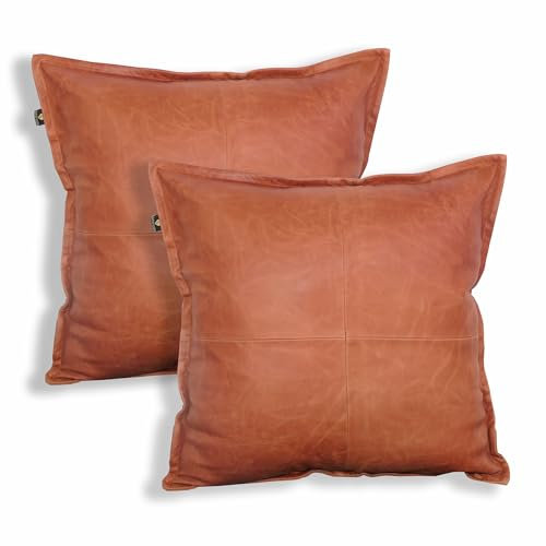 LL LEATHER LOVERS Lammfell Leder Kissenbezug - Sofakissen Fall - Dekorative Wurfbezüge für Wohnzimmer & Schlafzimmer, 35,6 x 35,6 cm - Tan Orange Box (06) 2 Stück