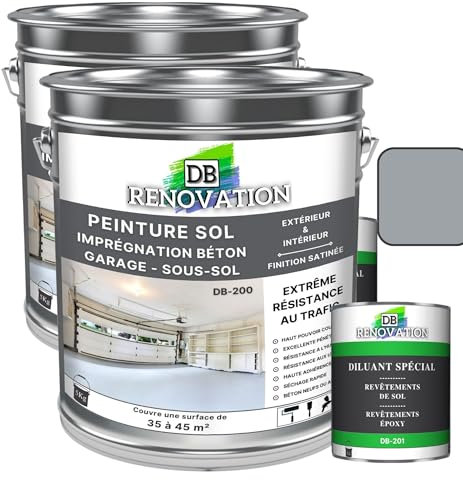 DB Rénovation Peinture Sol Beton Industriel - Garage, sous-sol - Extrême trafic extérieur, intérieur - Haute résistance - Gris fenêtre - Kit 10KG + 2L Diluant