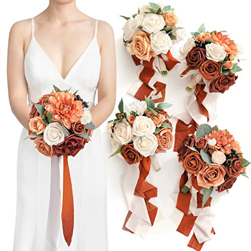 Ling's moment 4-Pack Dusty Rose Bridesmaid Bouquets 7-inch