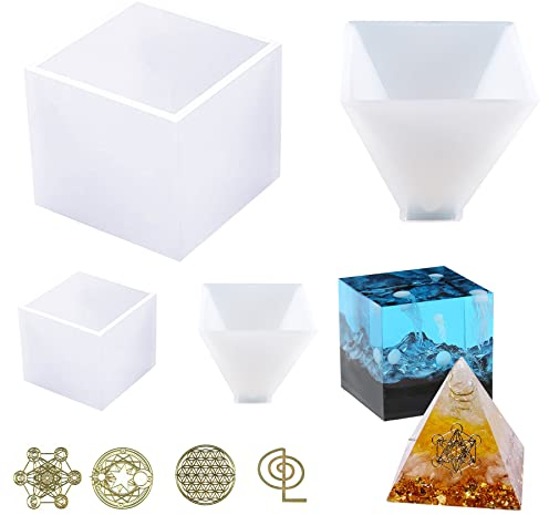 Cayway Moldes Resina Epoxi, 2 Pz Moldes de Silicona de Resina Piramidal, 2 Pz Moldes de Epoxi de Cubo Moldes para Resina y Pegatinas de Orgonita para Molde Piramidal, Decoración de Mesa
