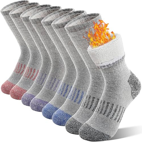 Sandsuced Kids Merino Wool Walking Socks Girls Boys Winter Thermal Warm Cosy Hiking Boot Thick Cushion Gift Stocking Fillers Socks 4 Pairs(Purle/Blue/Red/Grey,12-15 Years)