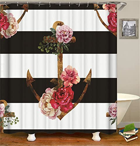 Dooqon Duschvorhang 165x180cm, Blumen-Anker Duschvorhänge Antischimmel Wasserdicht Gewichteter Polyester Stoff, Waschbar, Textil Badvorhang für Dusche und Badewanne Dekor 3D Shower Curtains mit Haken