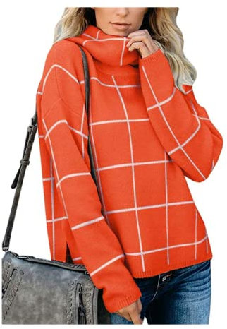 HEYPORK Damen Herbst Winter Warm Bequem Pullover Casual Mode Strickjacke Strickpullover Frauen Karierter Pullover Rollkragenpullover Karierter Strickpullover(Orange, L)
