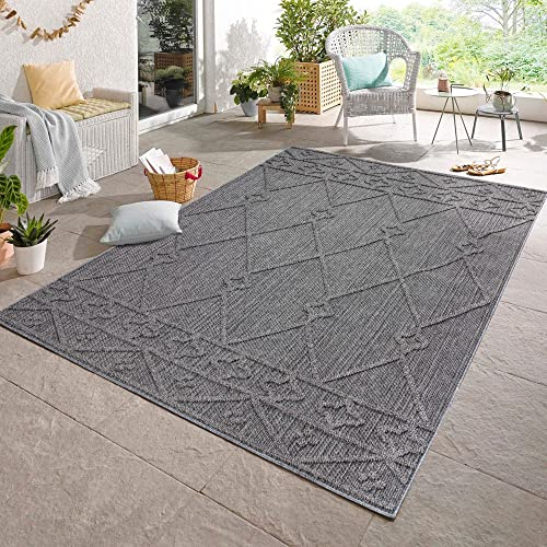 Carpetsale24 In & Outdoor Bouclé Teppich wetterfest Grau 140x200 cm Skandinavische Boho Design 3D Hoch Tief Effekt geeignet für Küche Wohnzimmer oder Terrasse