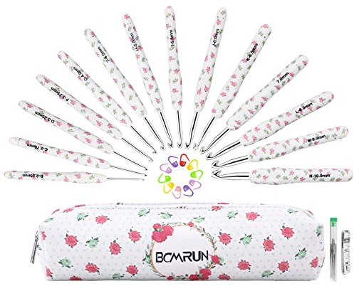 BCMRUN Häkelgeschenke, 14 Stück Blumenmuster 2,25 mm - 10 mm weicher Griff Metall Häkelnadeln zum Häkeln und Stricken, Webgarn-Bastelsets (weiß)