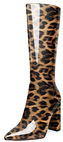 Mettesally Stivali a punta da donna, Stivali con cerniera laterale, Stivali con tacco alto e grosso, Scarpe da festa Leopardo EU38