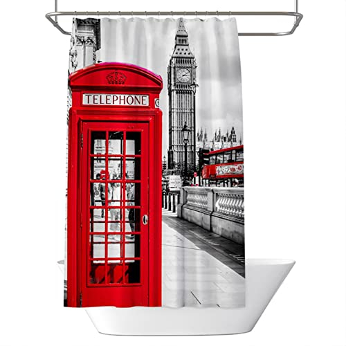 Dsnyu Vorhänge Badewanne, Grau Rot Duschvorhang 240x200 Textil, Londoner Telefonzelle Duschvorhang Badewanne mit 12 Haken Polyester