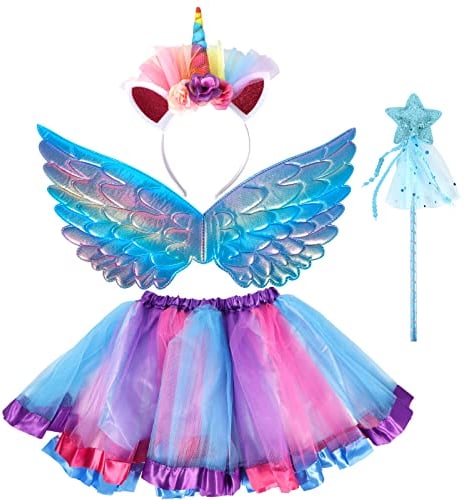 AOUVT 4 Pcs Regenbogen Einhorn Kostüm Kinder, Prinzessinnenkleid für Kinder, Einhorn Cosplay Set, Das Einhorn Party Kleid ist für Mädchen im Alter von 3 4 5 6 7 8 Jahren Geeignet (Lila)