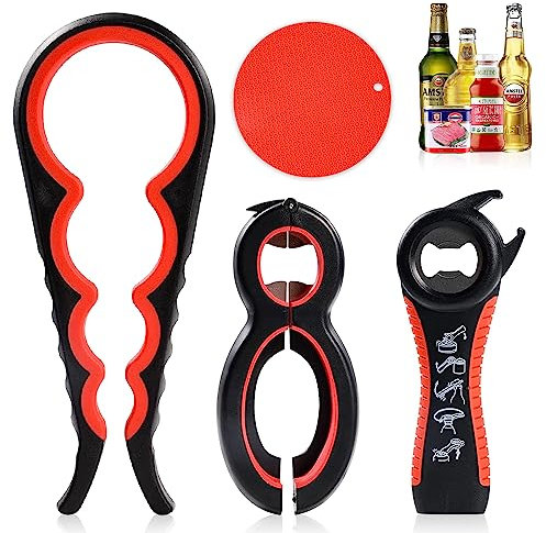 Udbrud 4 Pcs Ouvre Boite Manuel, Ouvre Bocal Multifonction 5 en 1 Antidérapants Ouvre Bocal Gadgets de Cuisine 4 en 1 Décapsuleur mini Porte-clés pour la Main Basse l'arthrite âgées Femmes