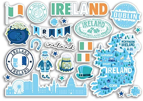 A5 Aufkleberbogen Irland Blau Sehenswürdigkeiten Vinyl Aufkleber – Irische Karte Flughafen Skyline Stempel Flagge Reisen Urlaub Land Stadt Ästhetik #80414